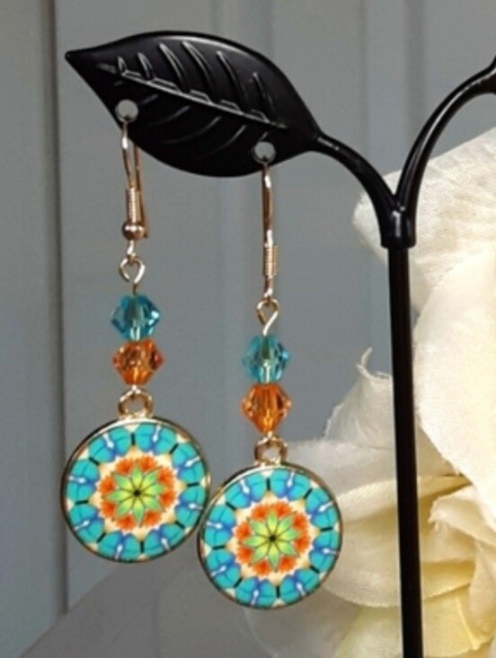 Hand Crafted Jewelry - Handmade Mandala Earrings Teal Orange